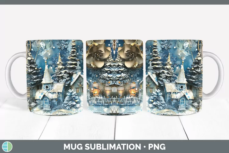 Vintage Blue Christmas Village Mug Wrap Sublimation Cof