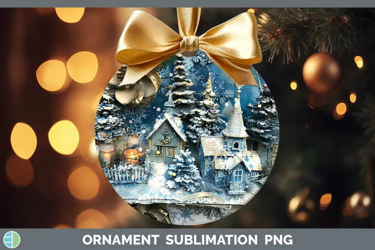 Vintage Blue Christmas Village Ornament Sublimation Bau