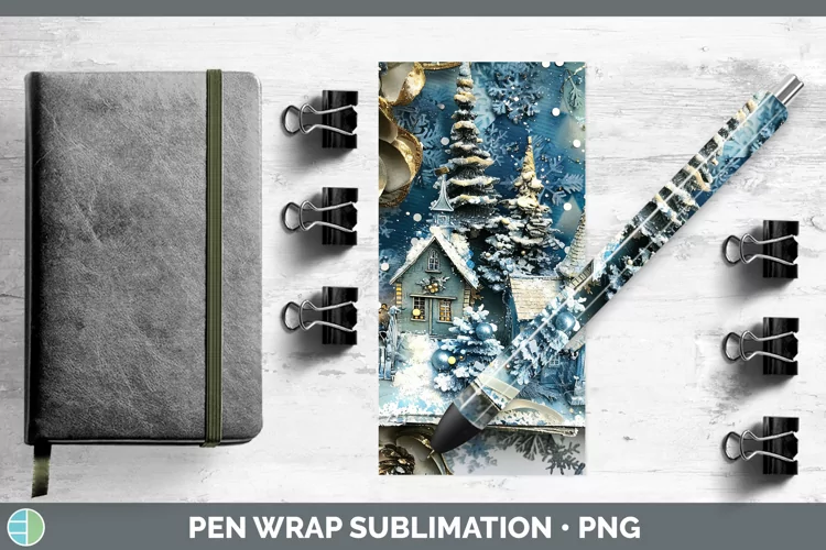 Vintage Blue Christmas Village Pen Wrap Sublimation Pen