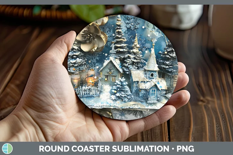 Vintage Blue Christmas Village Round Coaster Sublimatio