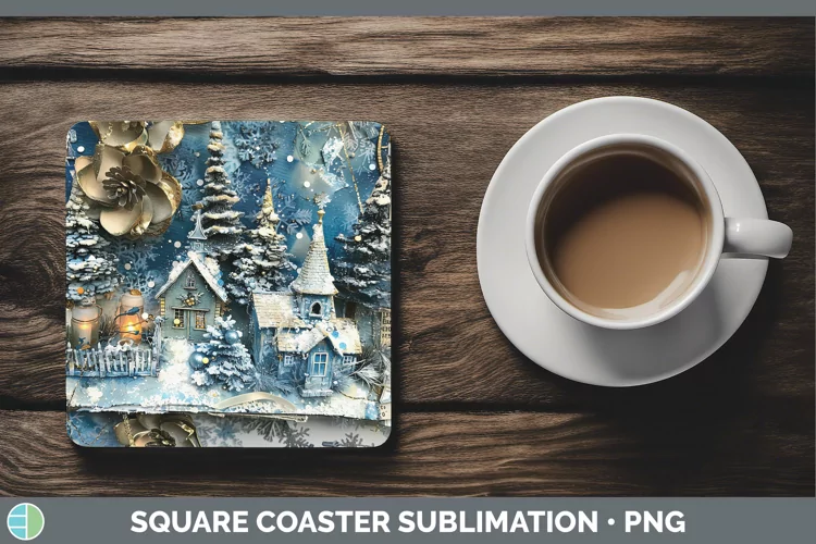 Vintage Blue Christmas Village Square Coaster Sublimati