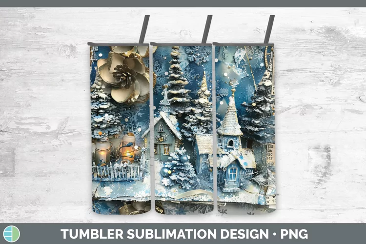 Vintage Blue Christmas Village Tumbler Sublimation 20 o