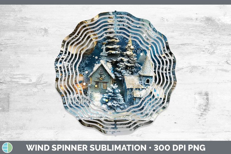 Vintage Blue Christmas Village Wind Spinner Sublimation