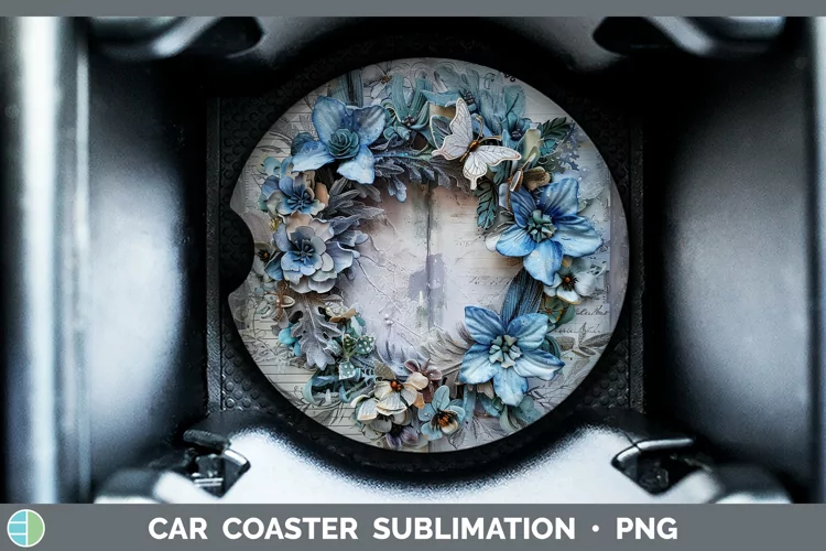 Vintage Blue Christmas Wreath Car Coaster Sublimation