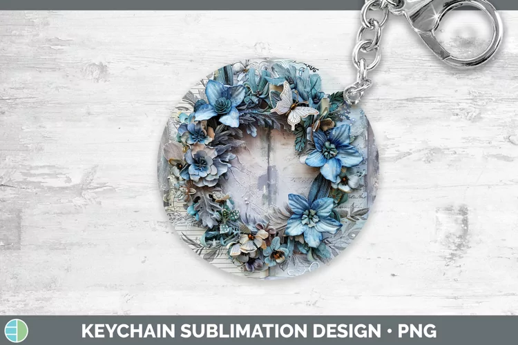 Vintage Blue Christmas Wreath Keychain Sublimation Keyr