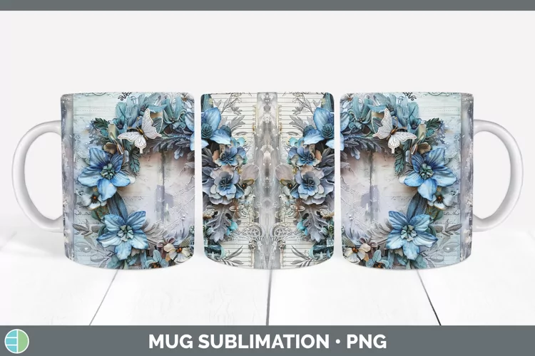 Vintage Blue Christmas Wreath Mug Wrap Sublimation Coff
