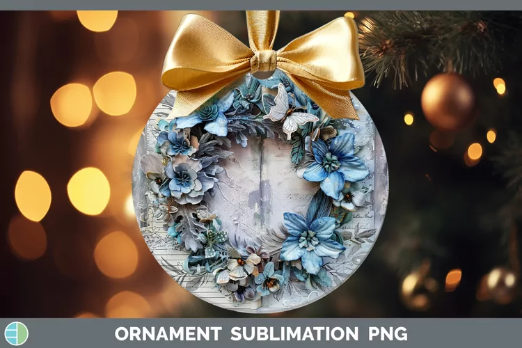 Vintage Blue Christmas Wreath Ornament Sublimation Baub