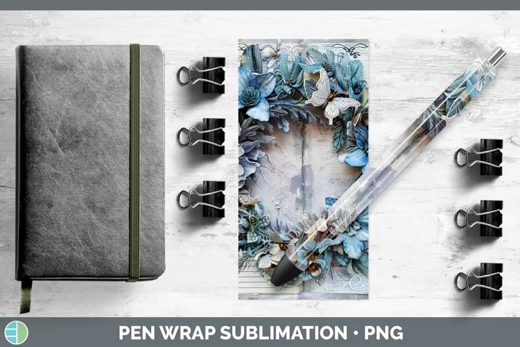 Vintage Blue Christmas Wreath Pen Wrap Sublimation Pen
