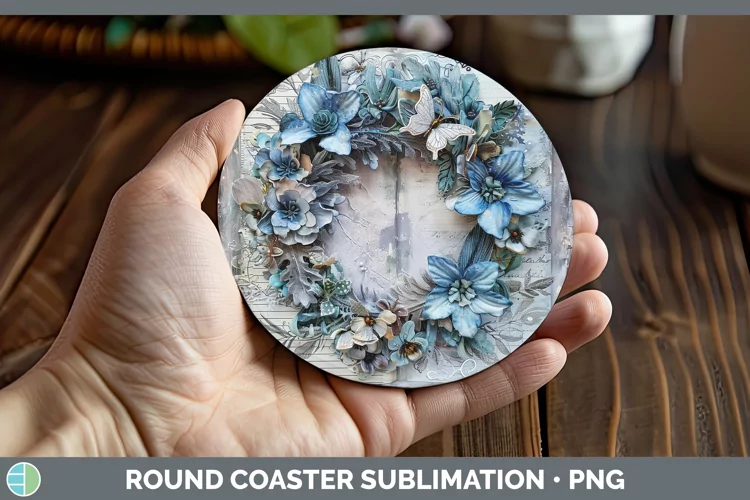 Vintage Blue Christmas Wreath Round Coaster Sublimation