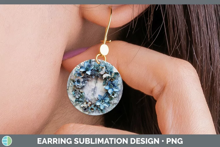 Vintage Blue Christmas Wreath Round Earrings Sublimatio