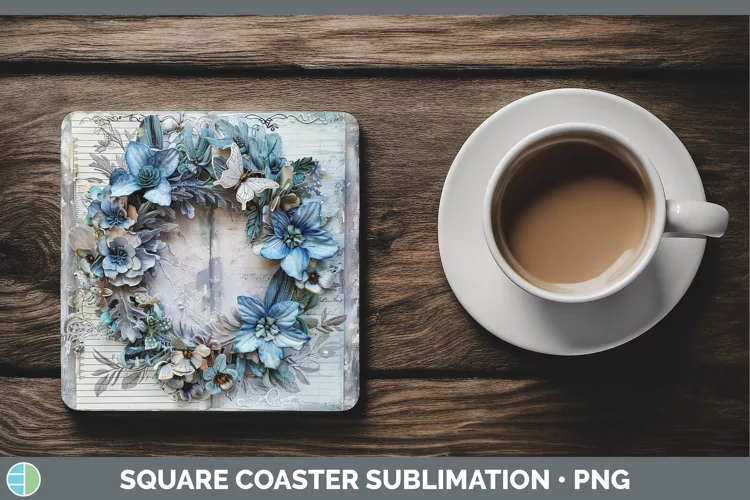 Vintage Blue Christmas Wreath Square Coaster Sublimatio