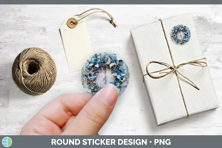 Vintage Blue Christmas Wreath Stickers | Round Labels D