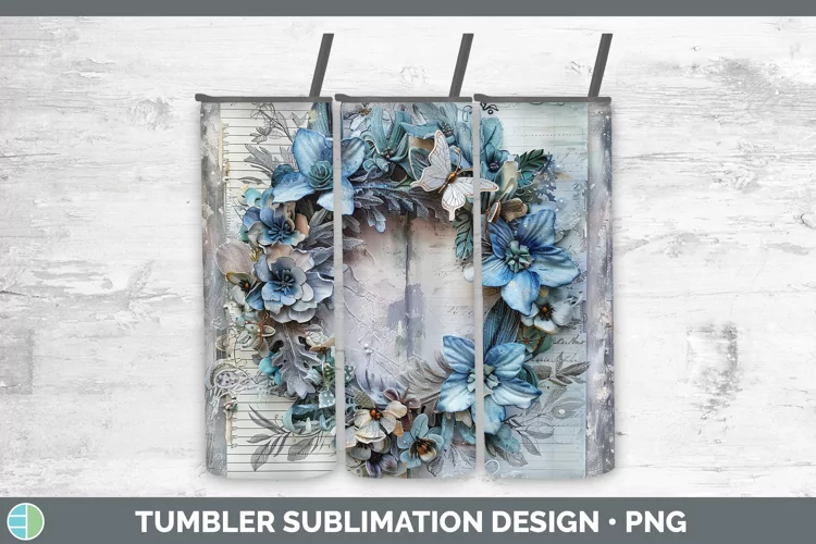 Vintage Blue Christmas Wreath Tumbler Sublimation 20 oz