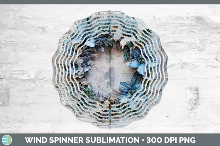 Vintage Blue Christmas Wreath Wind Spinner Sublimation
