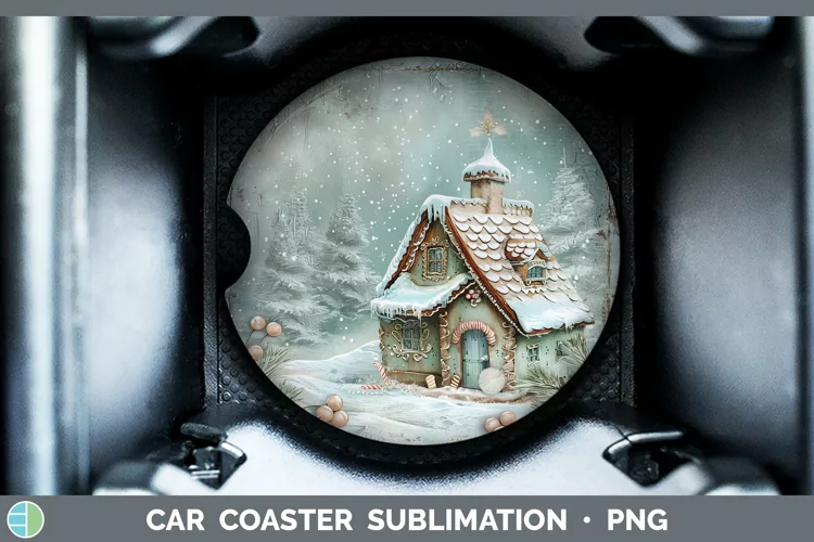 Vintage Blue Christmas Gingerbread House Car Coaster Sublima