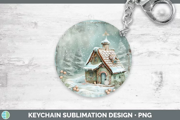 Vintage Blue Christmas Gingerbread House Keychain Sublimatio