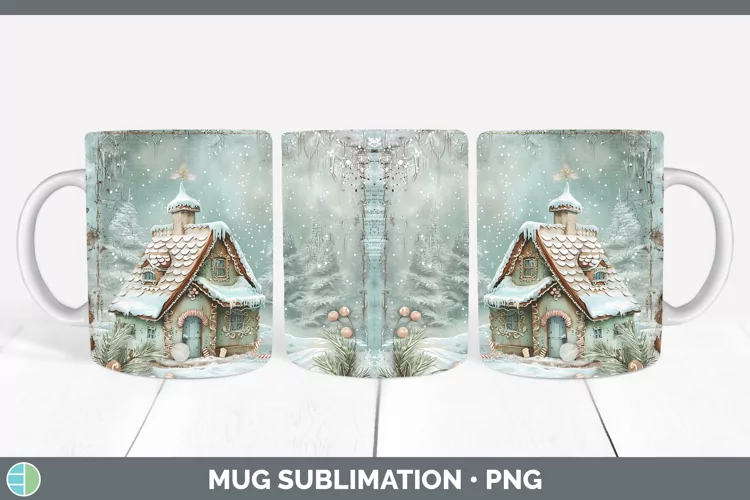 Vintage Blue Christmas Gingerbread House Mug Wrap Sublimatio