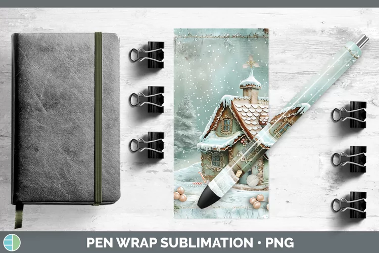 Vintage Blue Christmas Gingerbread House Pen Wrap Sublimatio