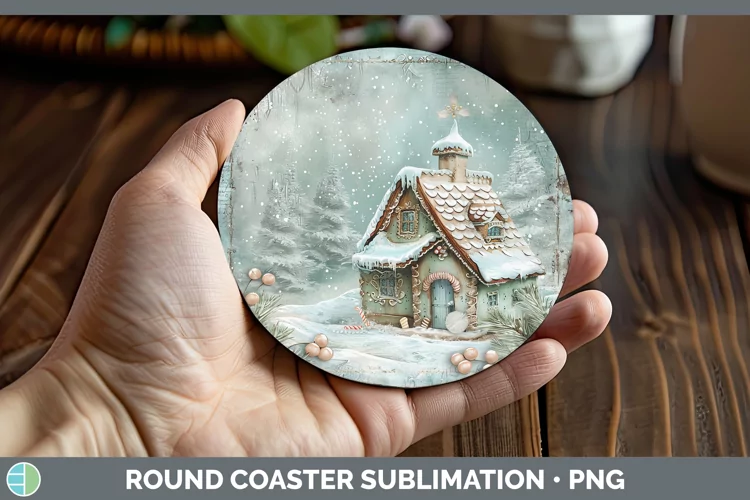 Vintage Blue Christmas Gingerbread House Round Coaster Subli