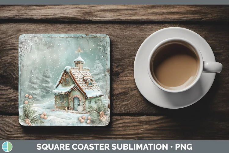 Vintage Blue Christmas Gingerbread House Square Coaster Subl