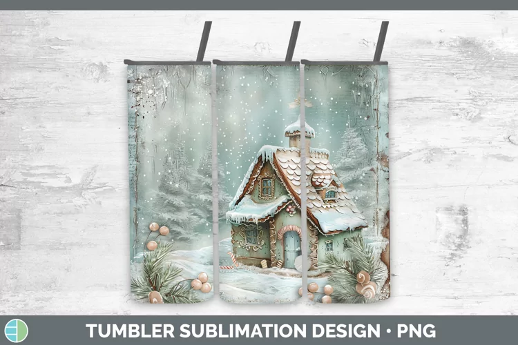 Vintage Blue Christmas Gingerbread House Tumbler Sublimation