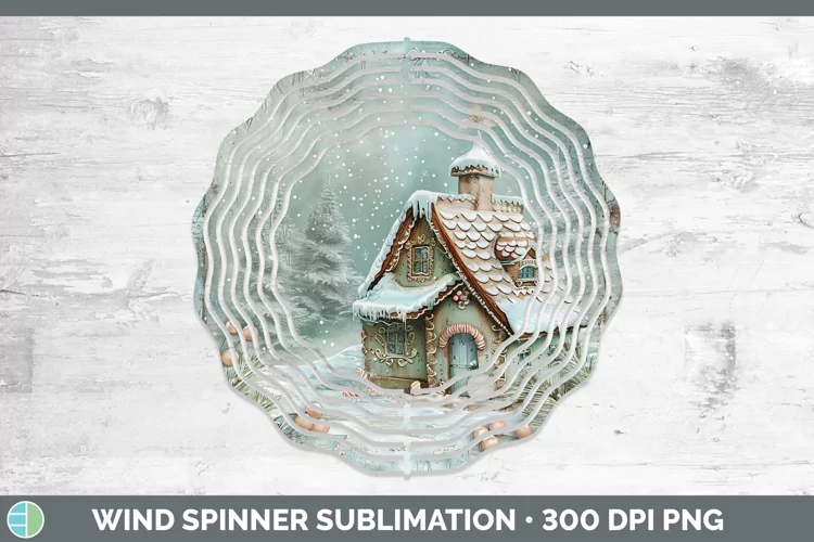 Vintage Blue Christmas Gingerbread House Wind Spinner Sublim