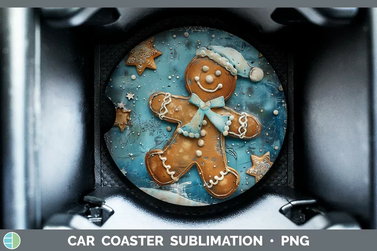 Vintage Blue Christmas Gingerbread Man Car Coaster Sublimati