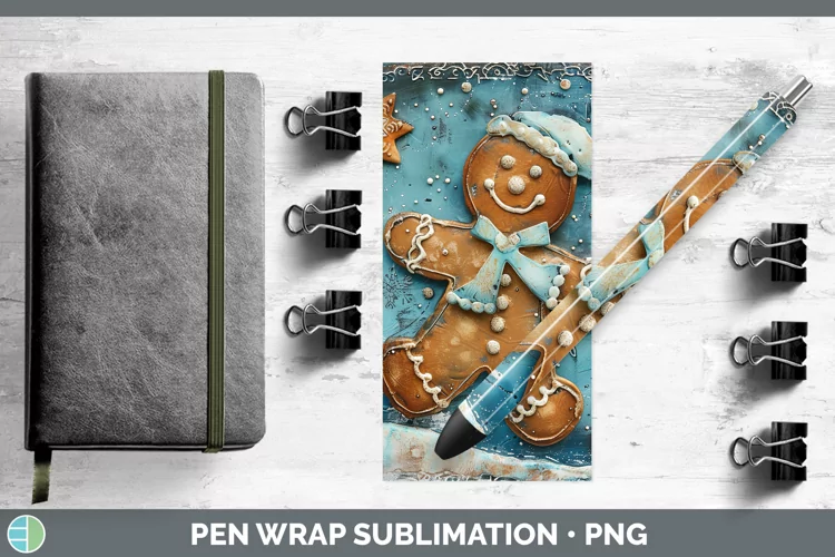 Vintage Blue Christmas Gingerbread Man Pen Wrap Sublimation