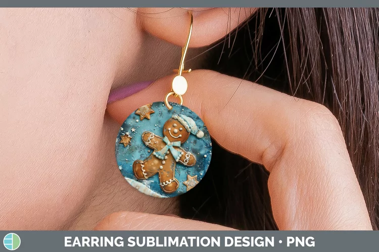 Vintage Blue Christmas Gingerbread Man Round Earrings Sublim