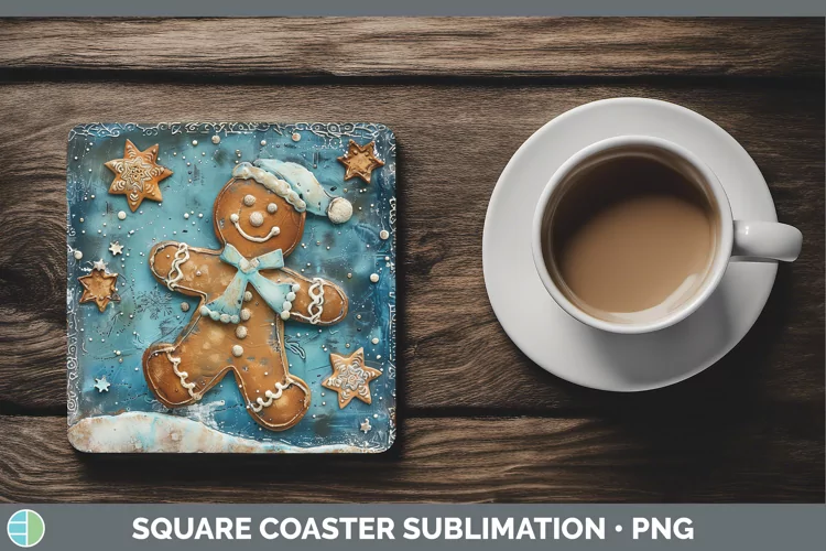 Vintage Blue Christmas Gingerbread Man Square Coaster Sublim