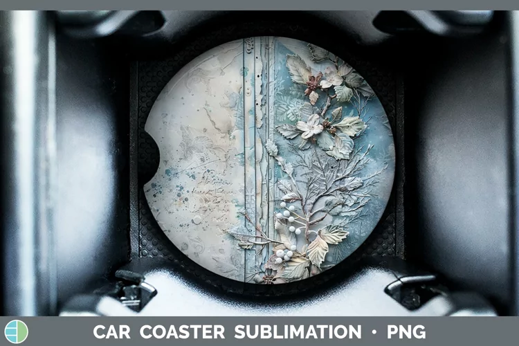 Vintage Blue Christmas Holly Car Coaster Sublimation Design