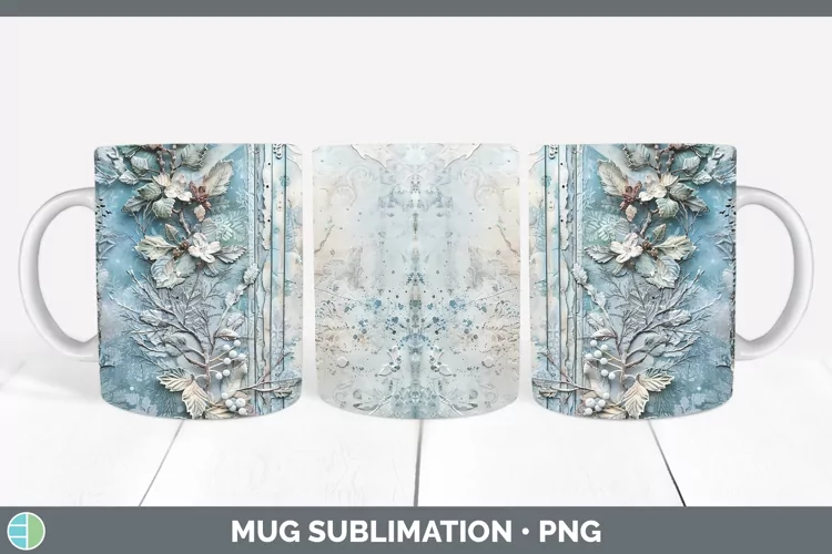 Vintage Blue Christmas Holly Mug Wrap Sublimation Coffee Cup