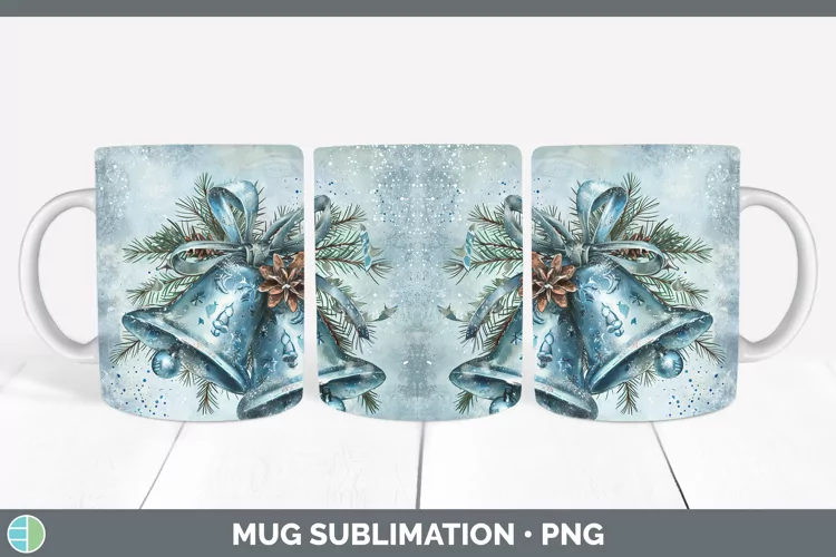 Vintage Blue Christmas Jingle Bells Mug Wrap Sublimation Cof