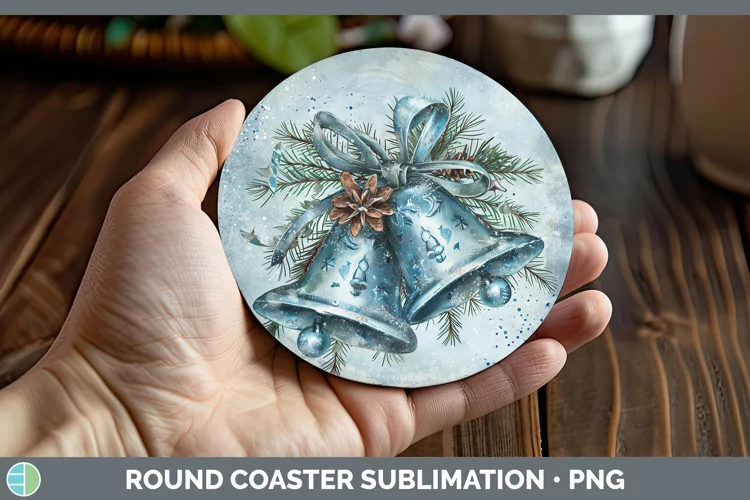 Vintage Blue Christmas Jingle Bells Round Coaster Sublimatio