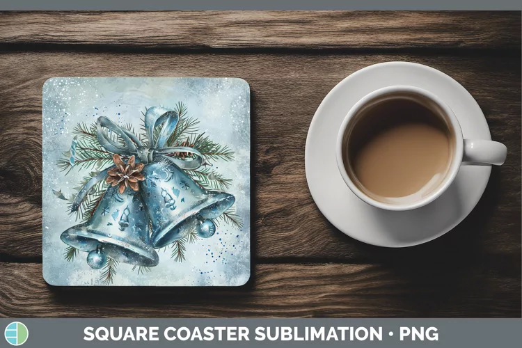 Vintage Blue Christmas Jingle Bells Square Coaster Sublimati