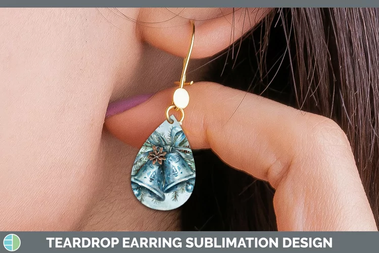 Vintage Blue Christmas Jingle Bells Teardrop Earrings Sublim