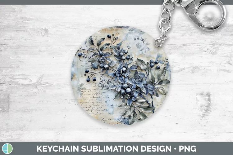 Vintage Blue Christmas Mistletoe Keychain Sublimation Keyrin