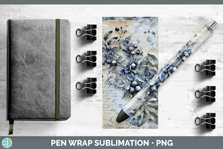 Vintage Blue Christmas Mistletoe Pen Wrap Sublimation Pen De