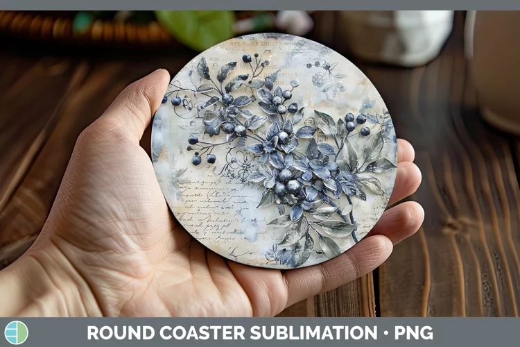 Vintage Blue Christmas Mistletoe Round Coaster Sublimation C
