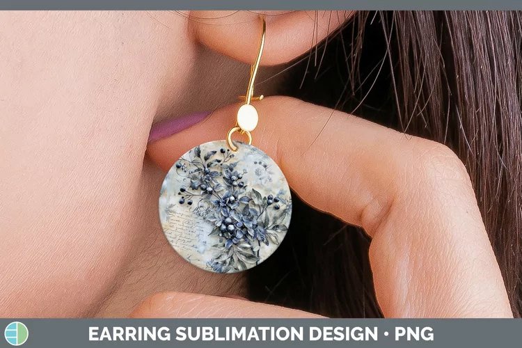 Vintage Blue Christmas Mistletoe Round Earrings Sublimation