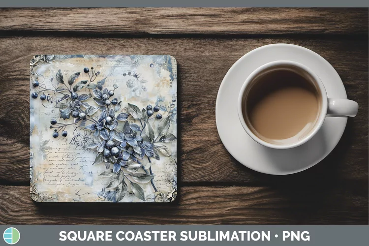 Vintage Blue Christmas Mistletoe Square Coaster Sublimation