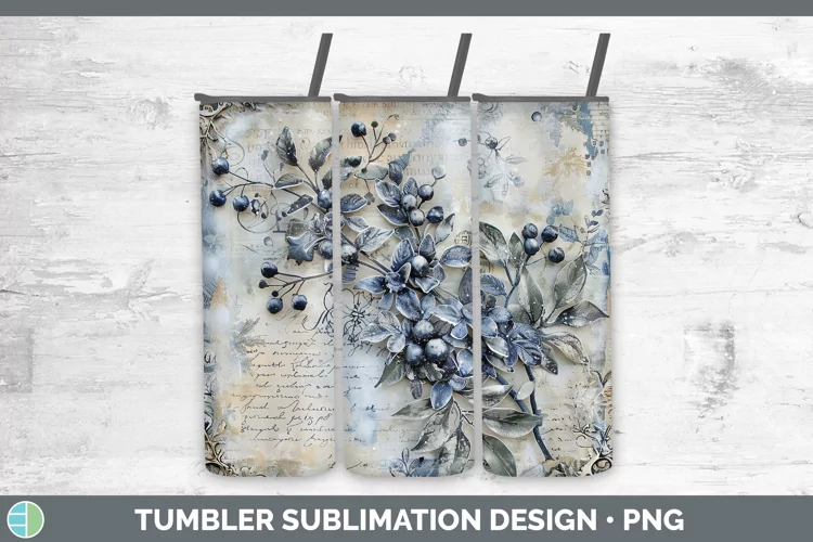 Vintage Blue Christmas Mistletoe Tumbler Sublimation 20 oz S