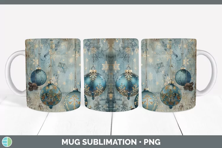 Vintage Blue Christmas Ornaments Mug Wrap Sublimation Coffee