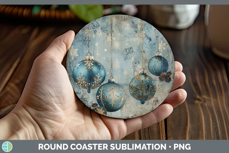 Vintage Blue Christmas Ornaments Round Coaster Sublimation C