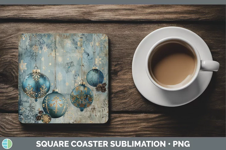 Vintage Blue Christmas Ornaments Square Coaster Sublimation