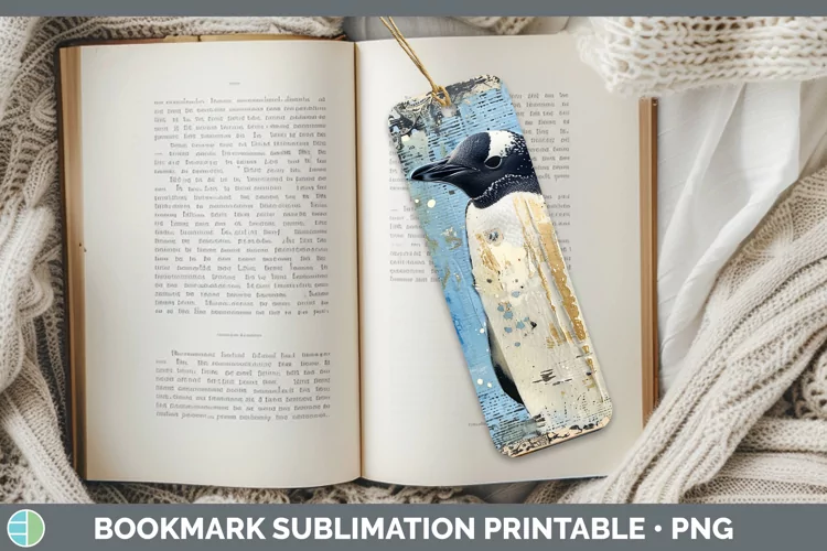 Vintage Blue Christmas Penguin Bookmark Sublimation Printabl