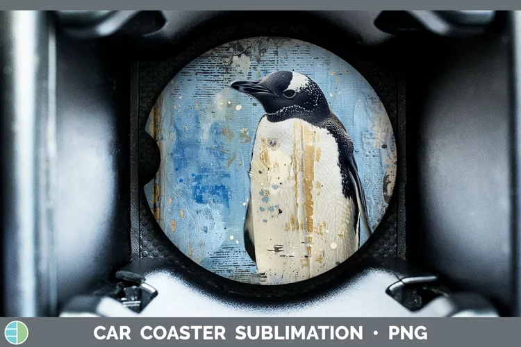 Vintage Blue Christmas Penguin Car Coaster Sublimation Desi