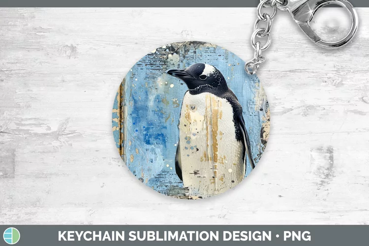 Vintage Blue Christmas Penguin Keychain Sublimation Keyring
