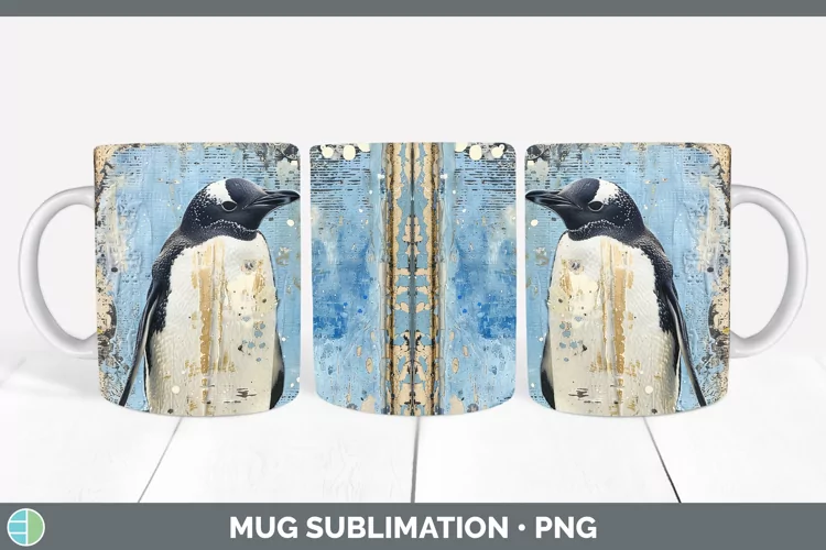 Vintage Blue Christmas Penguin Mug Wrap Sublimation Coffee C