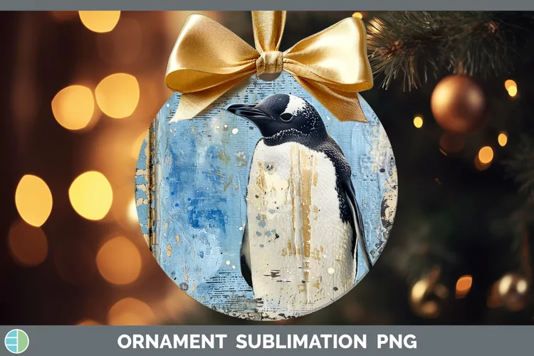 Vintage Blue Christmas Penguin Ornament Sublimation Bauble D